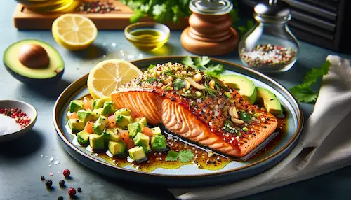 A salmon adorned with spices garlic and oil, with an avocado salsa